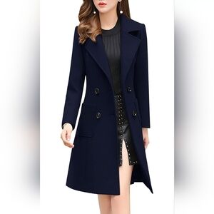 ChouYatou Women's Navy Blue Double-Breast Coat w Pockets Sz M